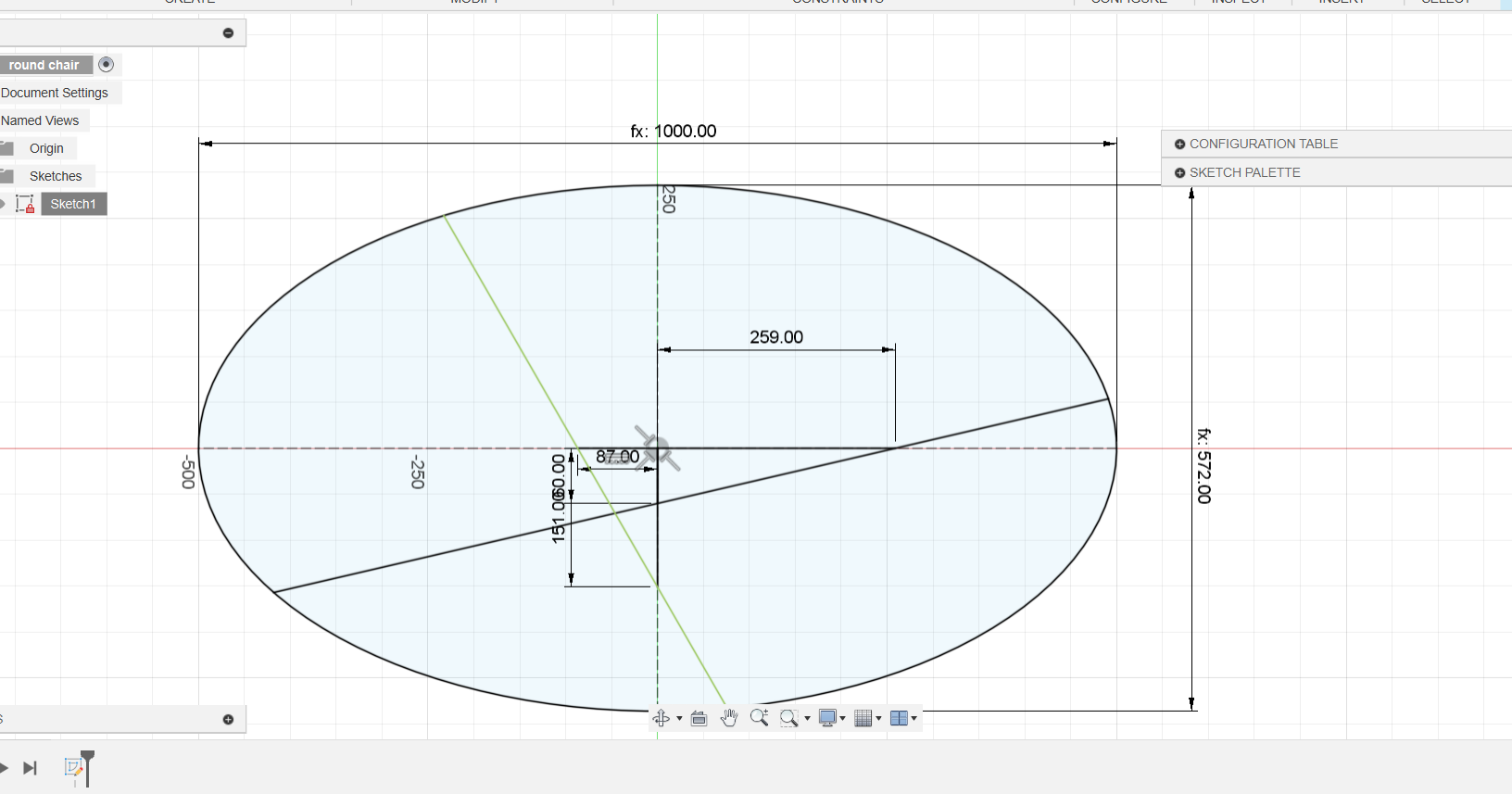 Fusion 360 sketch of chair side profile
